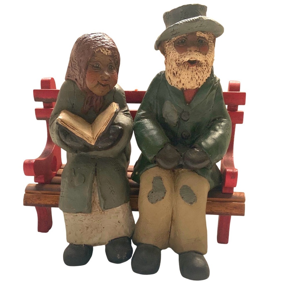 Vintage Folk Art Elderly Couple Reading on Park Bench Figurine 7.5" Tall
